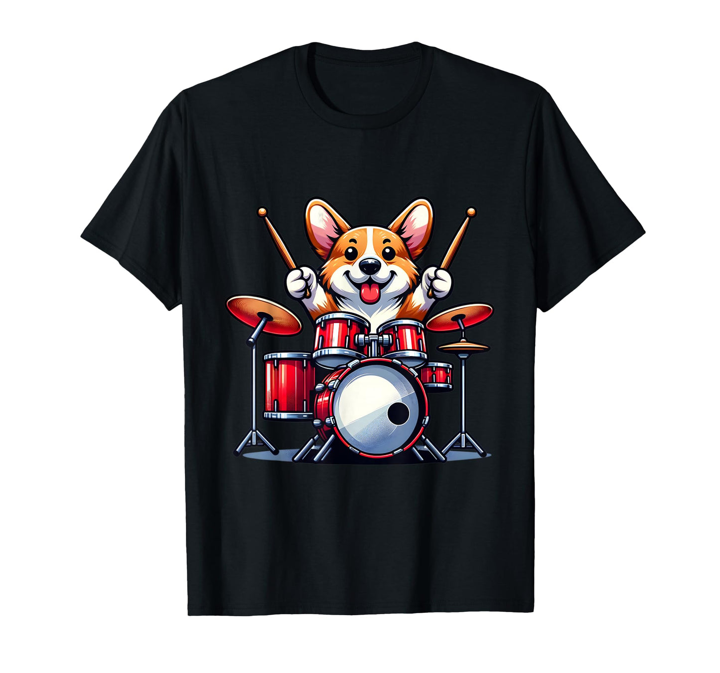 Cute Corgi Dog Playing Drums Drumset Graphic Funny Drummer T-Shirt