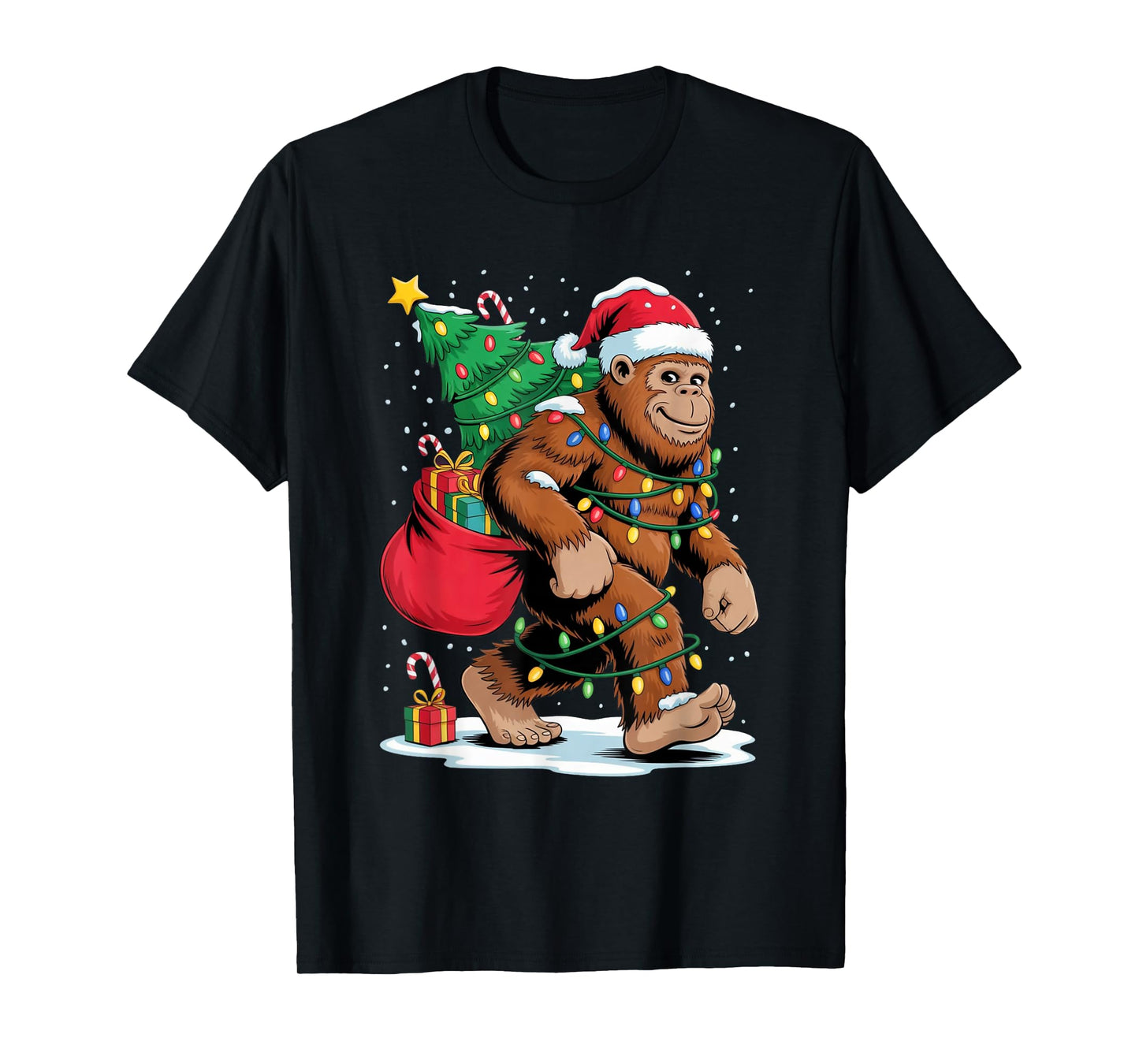 Funny Bigfoot Christmas Tree Lights Santa Sasquatch Shirt T-Shirt