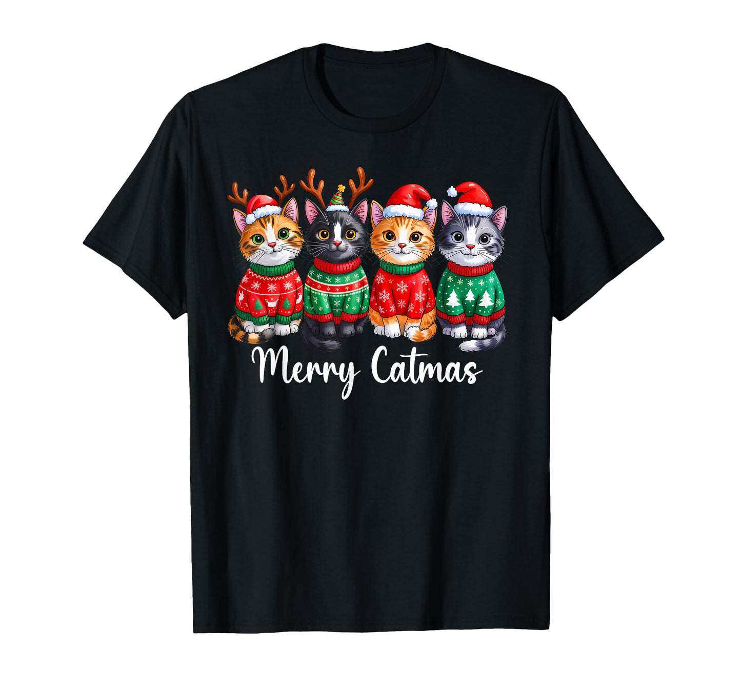 Merry Catmas Santa Reindeer Christmas Cat Lover Xmas Pajamas T-Shirt