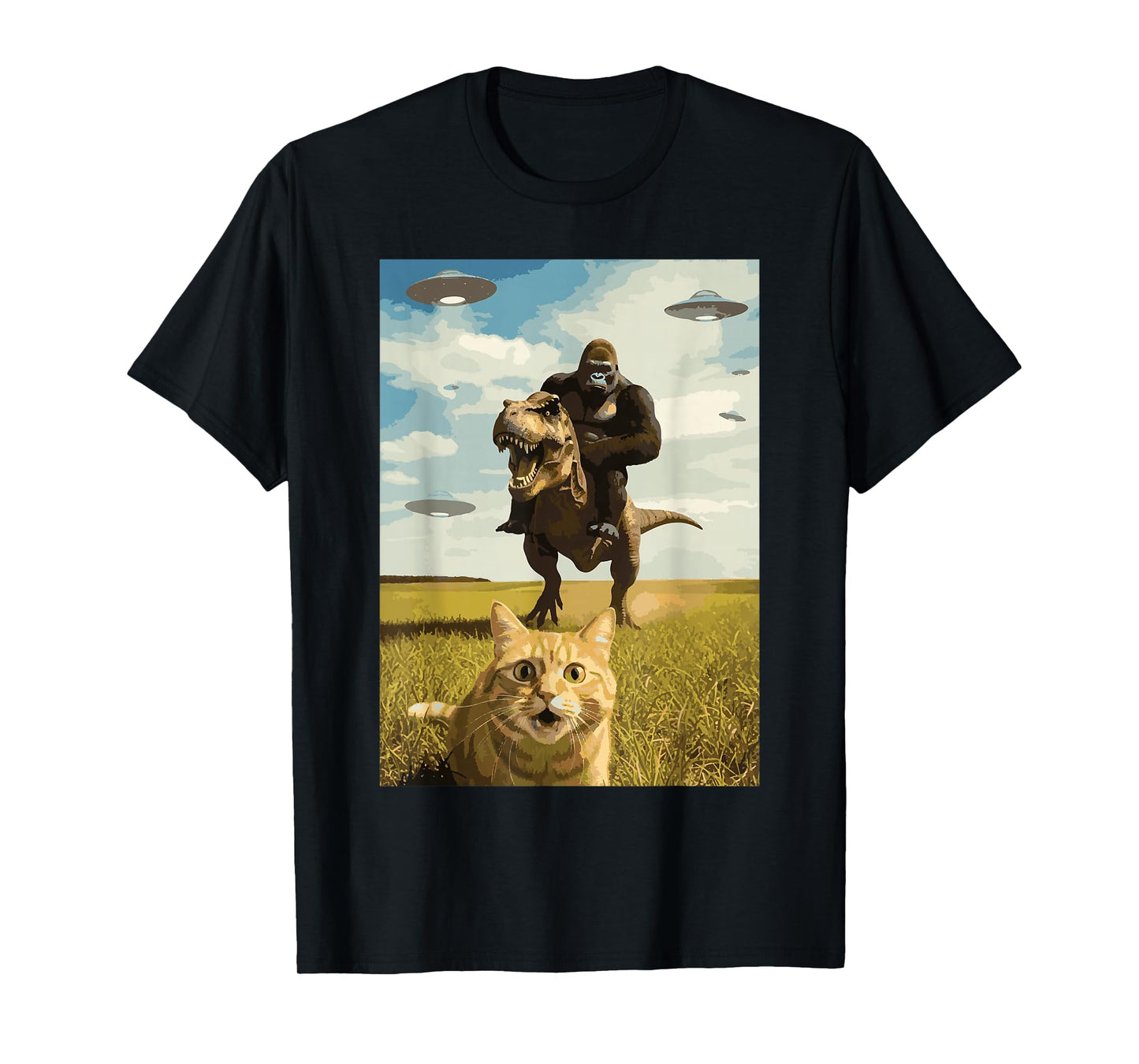Cat Bigfoot On Dino UFO Selfie Funny Sasquatch Trex Meme Kid T-Shirt
