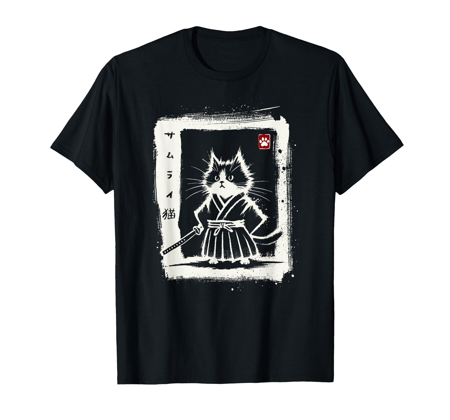 Samurai Cat Japanese Art Sumi-e Novelty Kawaii Funny Cat T-Shirt