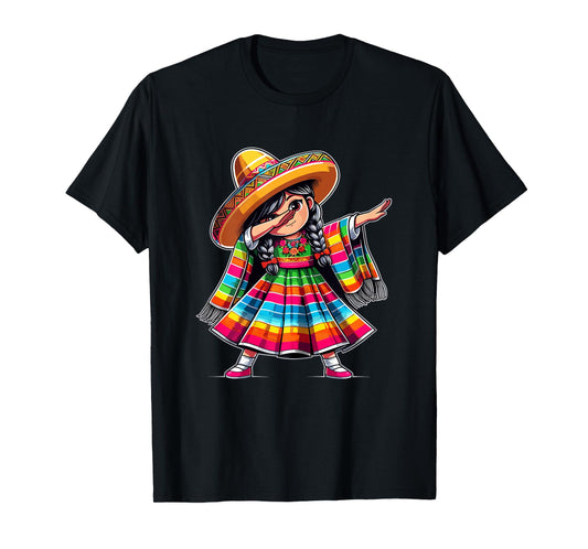 Mexican Dabbing Girl Poncho Sombrero Cinco de Mayo T-Shirt