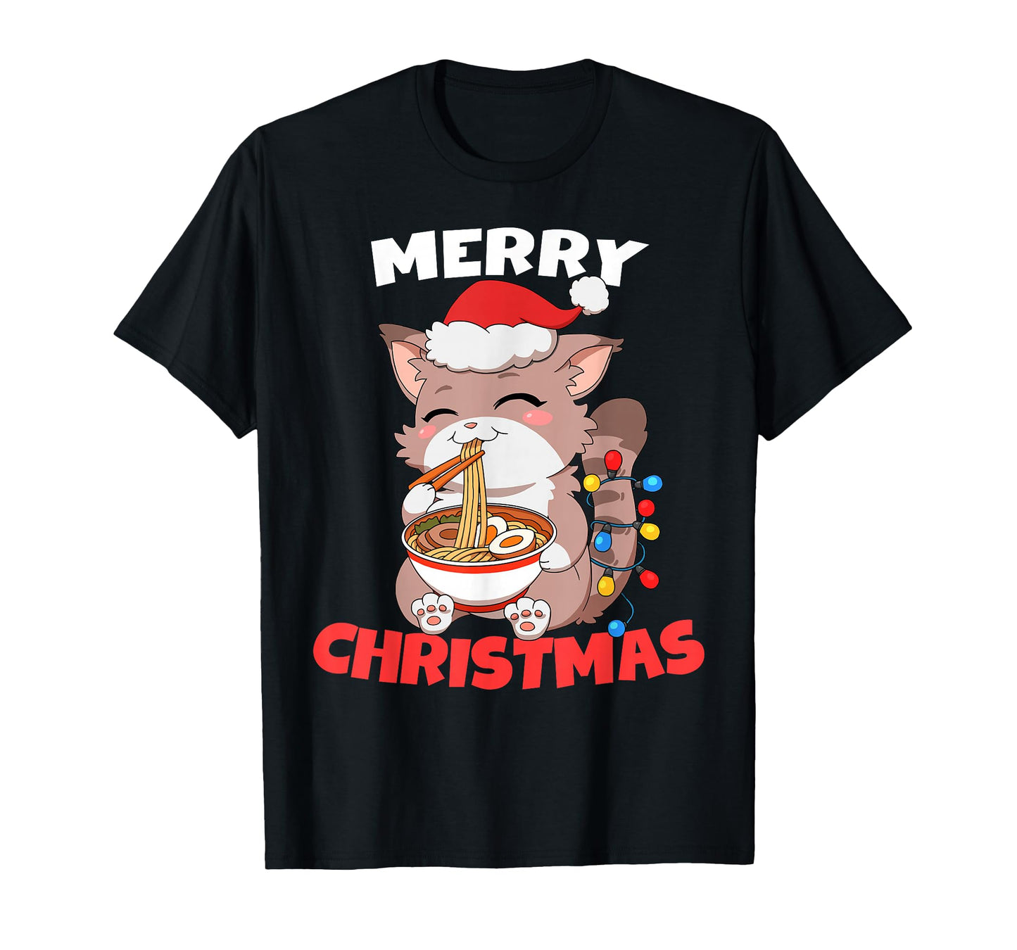 Merry Christmas Anime Kawaii Cat Ramen Xmas Lights T-Shirt