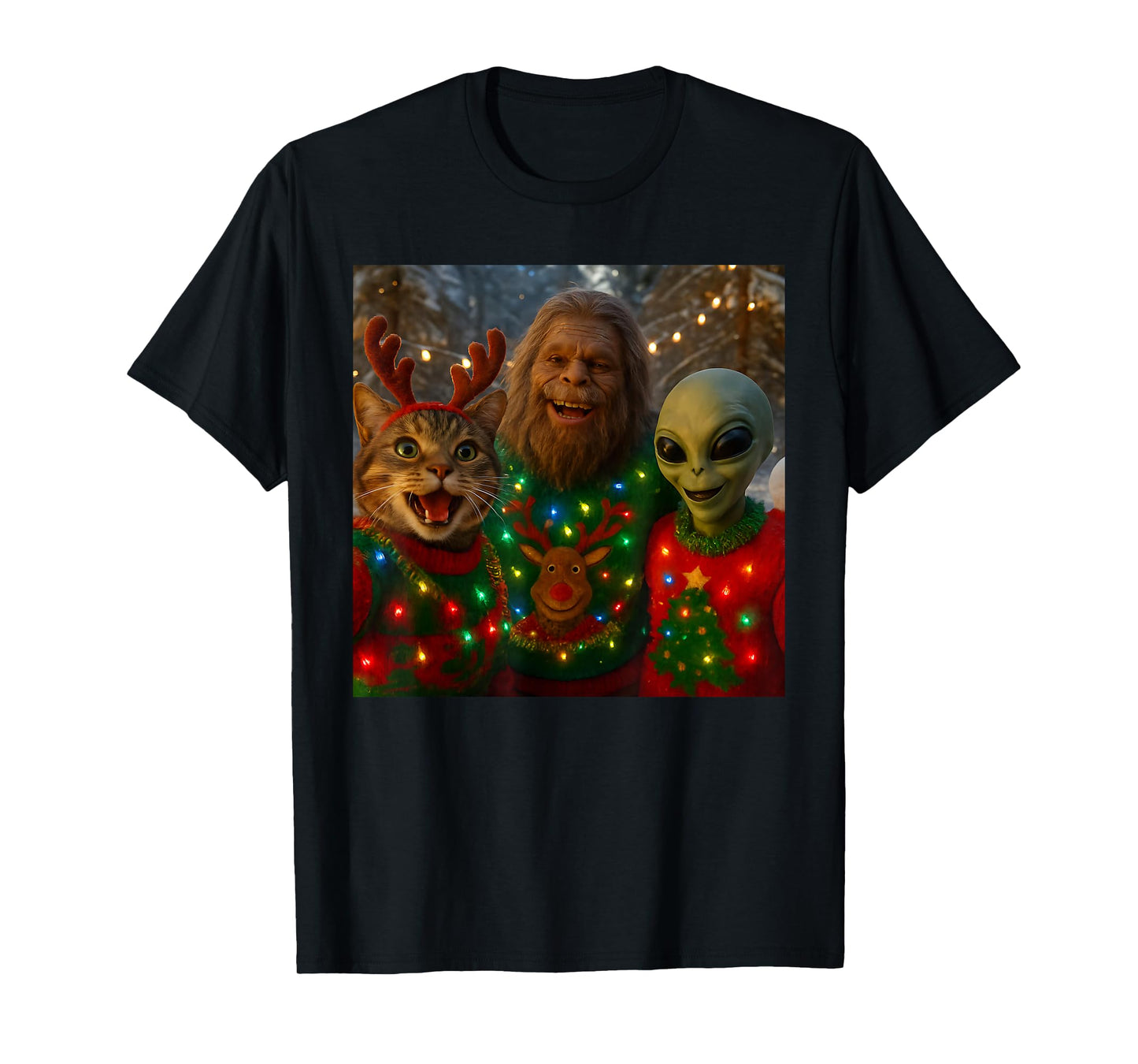 Funny Christmas Cat Selfie with Bigfoot Alien Ugly Sweater T-Shirt