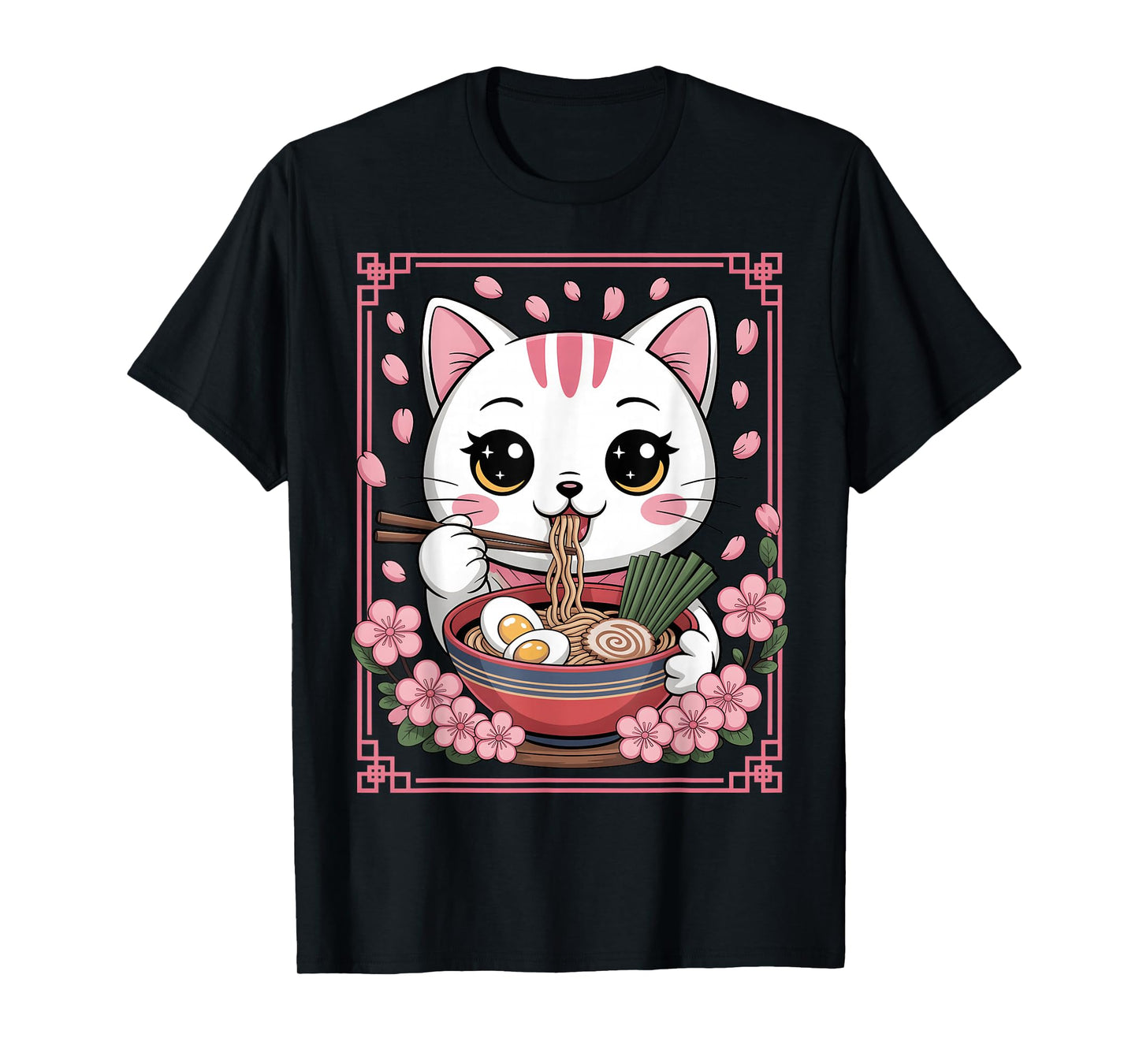 Kawaii Cat Eating Ramen Noodles Japanese Anime Girls Teens T-Shirt