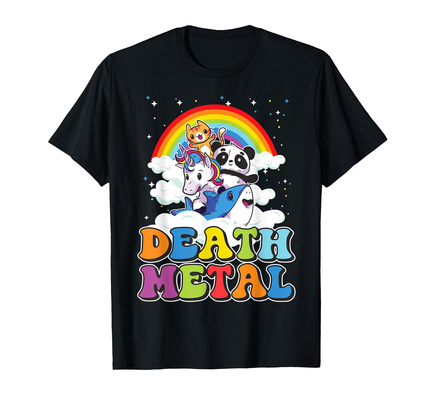 Retro Death Metal Cat Rainbow Unicorn Funny Heavy Metal T-Shirt Small