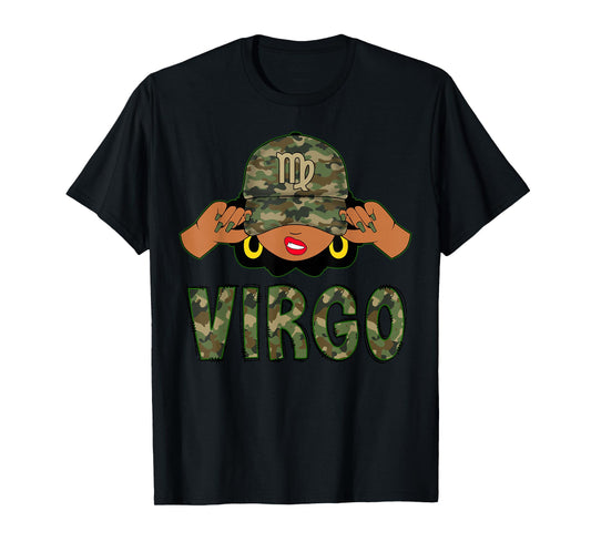 Virgo Queen Black Woman with Camo Cap Afro Girl Zodiac T-Shirt
