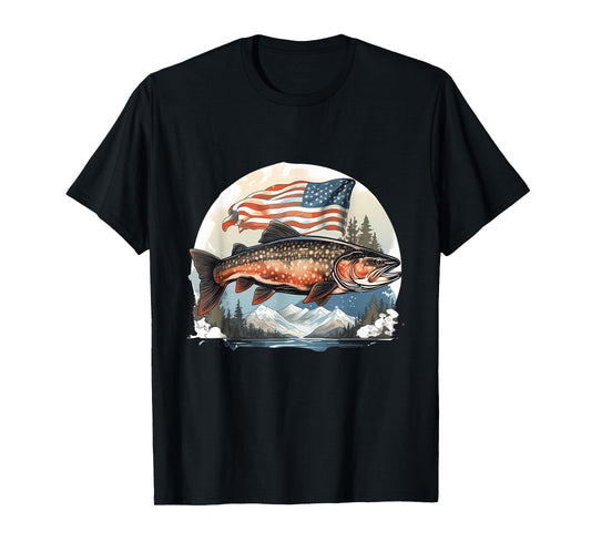 Fisherman American US Flag With Fly Fishing Brook Trout Fish T-Shirt