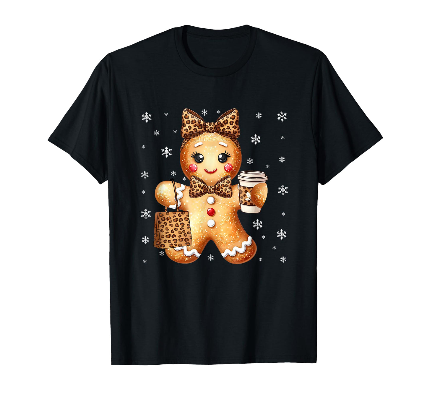 Coquette Cute Gingerbread Leopard Bow Christmas Girls Women T-Shirt