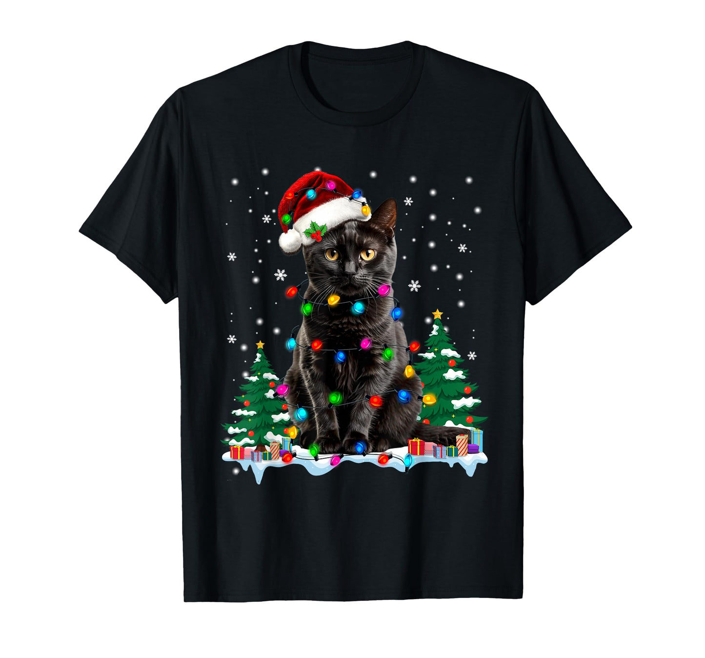 Black Cat Christmas Light Santa Hat Cat Lovers Xmas Pajamas T-Shirt