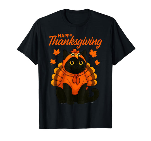 Cute Black Cat Turkey Happy Thanksgiving Fall Meow Cat Lover T-Shirt