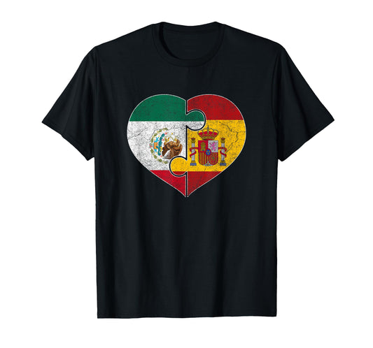Half Mexican Half Spain Flag Heart Roots Heritage T-Shirt