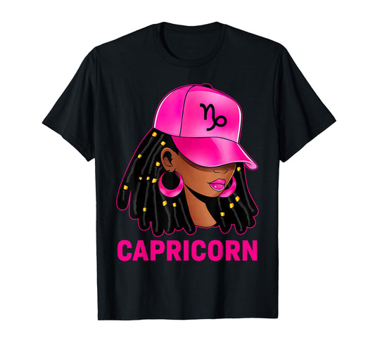 Capricorn Queen Loc'd Hair Black Woman Cap Zodiac Sign T-Shirt