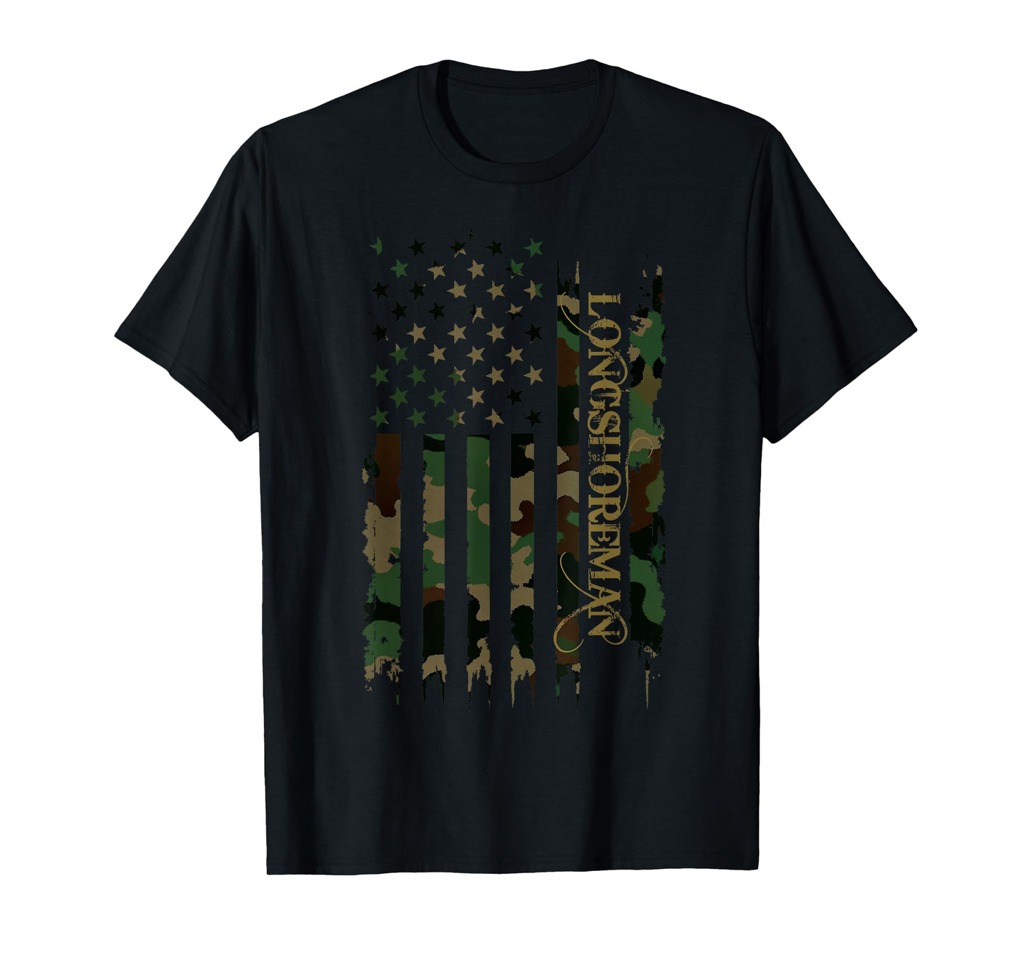 Longshoreman United States Distressed Camo w US Flag T-Shirt