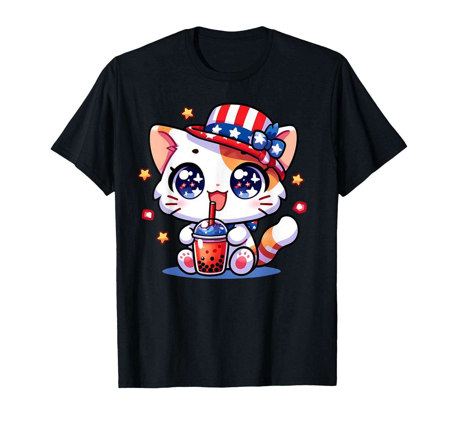 Cute 4th of July Cat Shirt Girls Kids Kawaii Anime Boba Tea T-Shirt