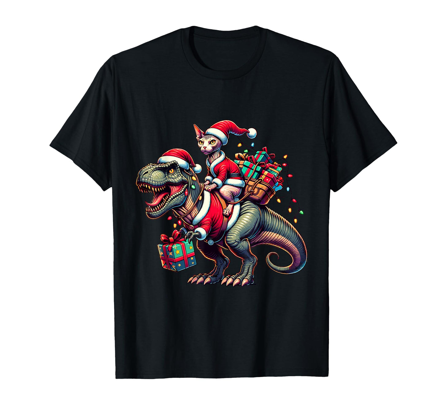 Adorable Sphynx Cat Rides Christmas T-Rex Santa for Sphynx T-Shirt
