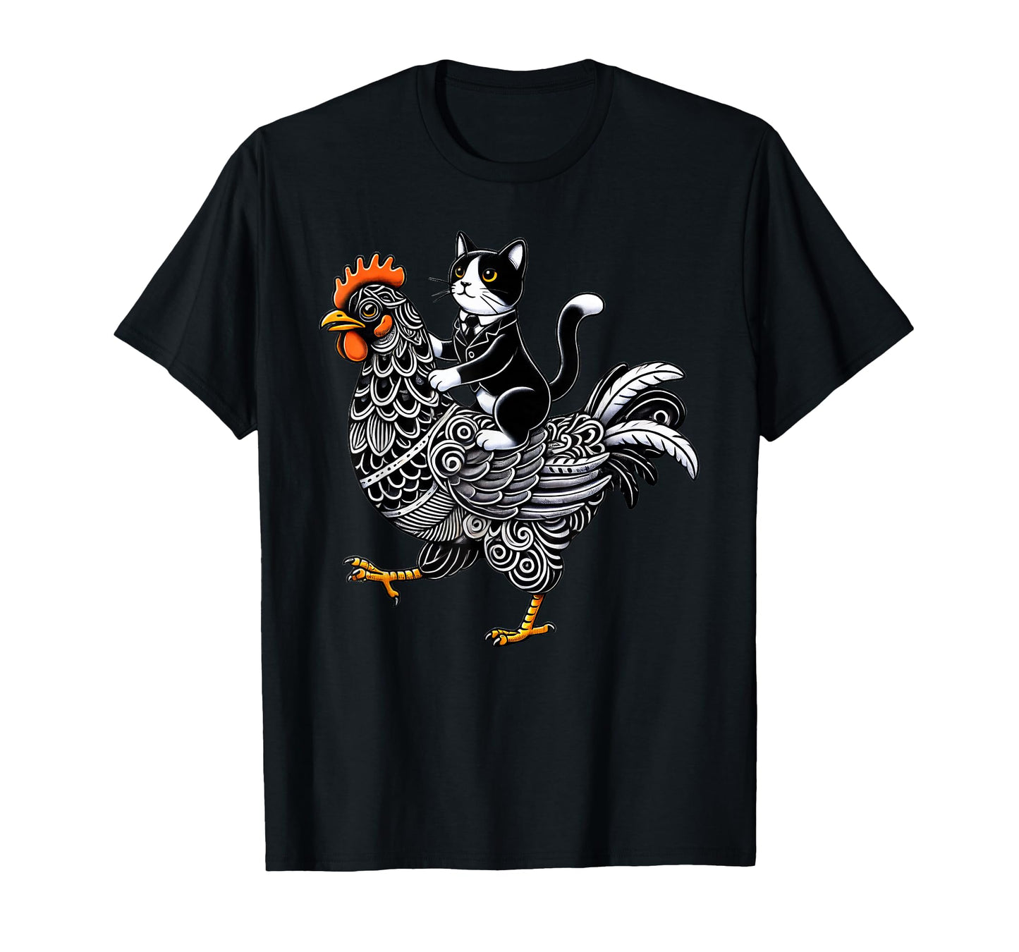 Funny Tuxedo Cat Riding Chicken T-Shirt