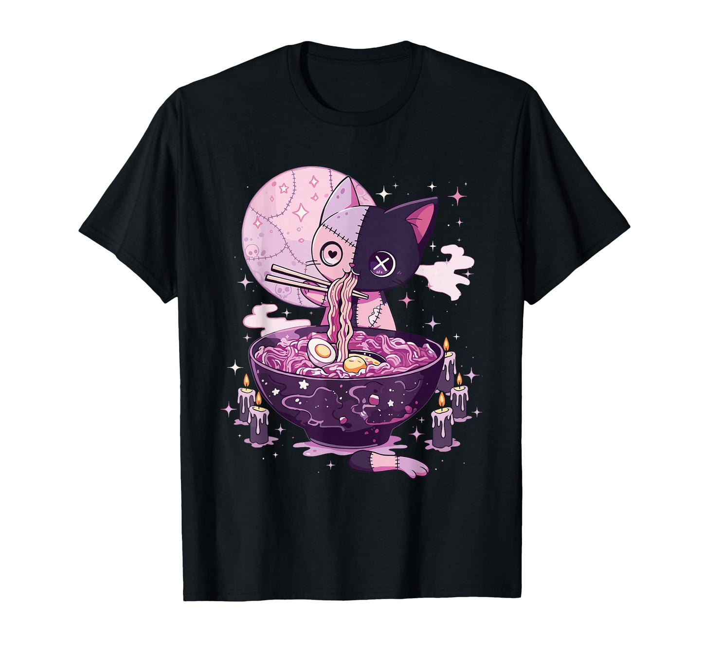 Kawaii Pastel Goth Zombie Patchwork Cat Eating Ramen Noodles T-Shirt