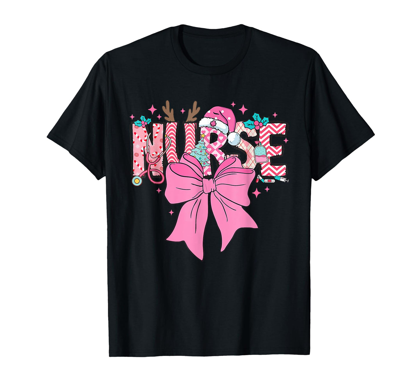Coquette Nurse Christmas Nursing Pink Tone Bow Xmas Plaid T-Shirt
