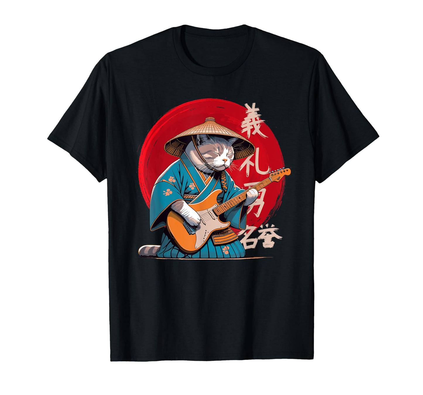 Japanese Samurai Cat With Electric Guitar, Kimono & Guitar Men Women Girls Kids T-Shirt
