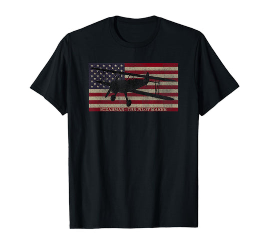 PT-13 Stearman American Biplane Pilot Trainer Vintage Flag T-Shirt