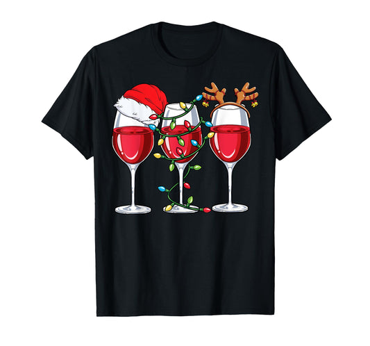 Wine Christmas Santa Hat Xmas Lights Reindeer Antlers Women T-Shirt