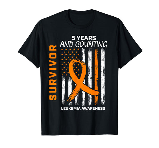 5 Years Cancer Free Orange Leukemia Survivor American Flag Women Kids Men T-Shirt