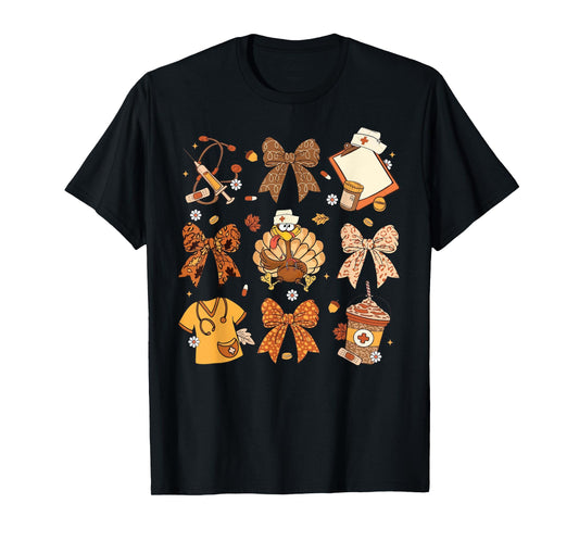 Coquette Bow Nurse Thanksgiving Turkey Scrub Top T-Shirt