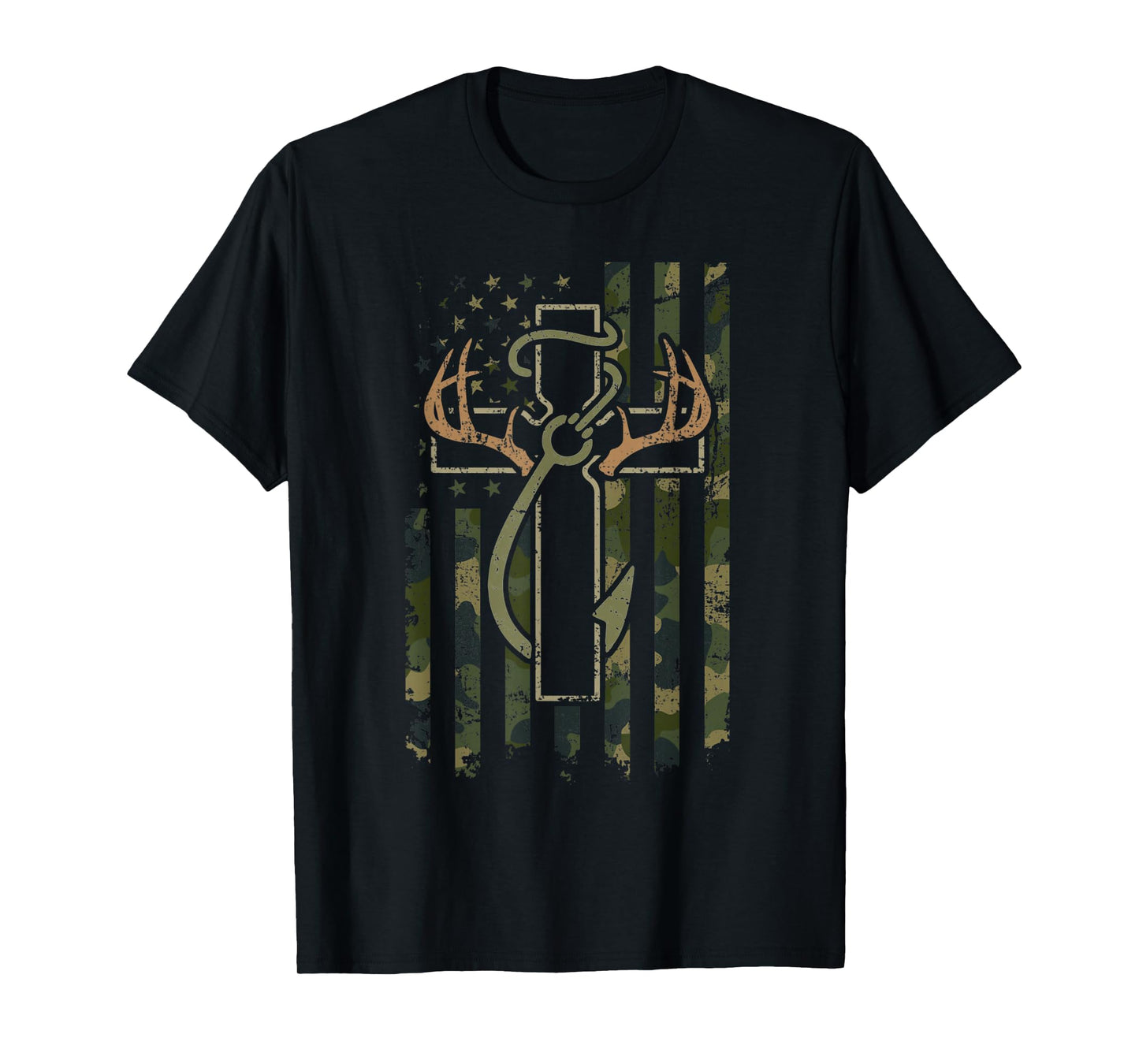 Faith Fishing Hunting Camo Us Flag Cross with Hook Christian T-Shirt