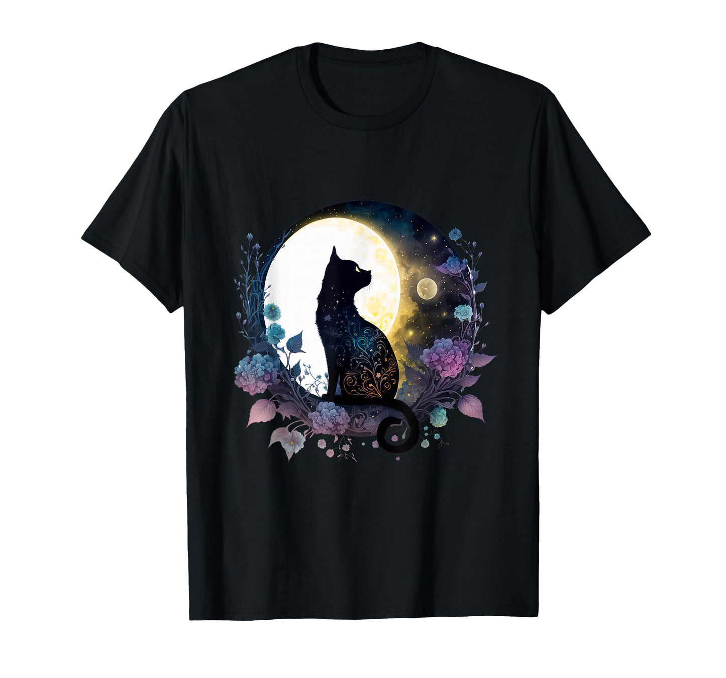 Moonlit Black Cat Tee – Lunar Floral Night Cat T-Shirt