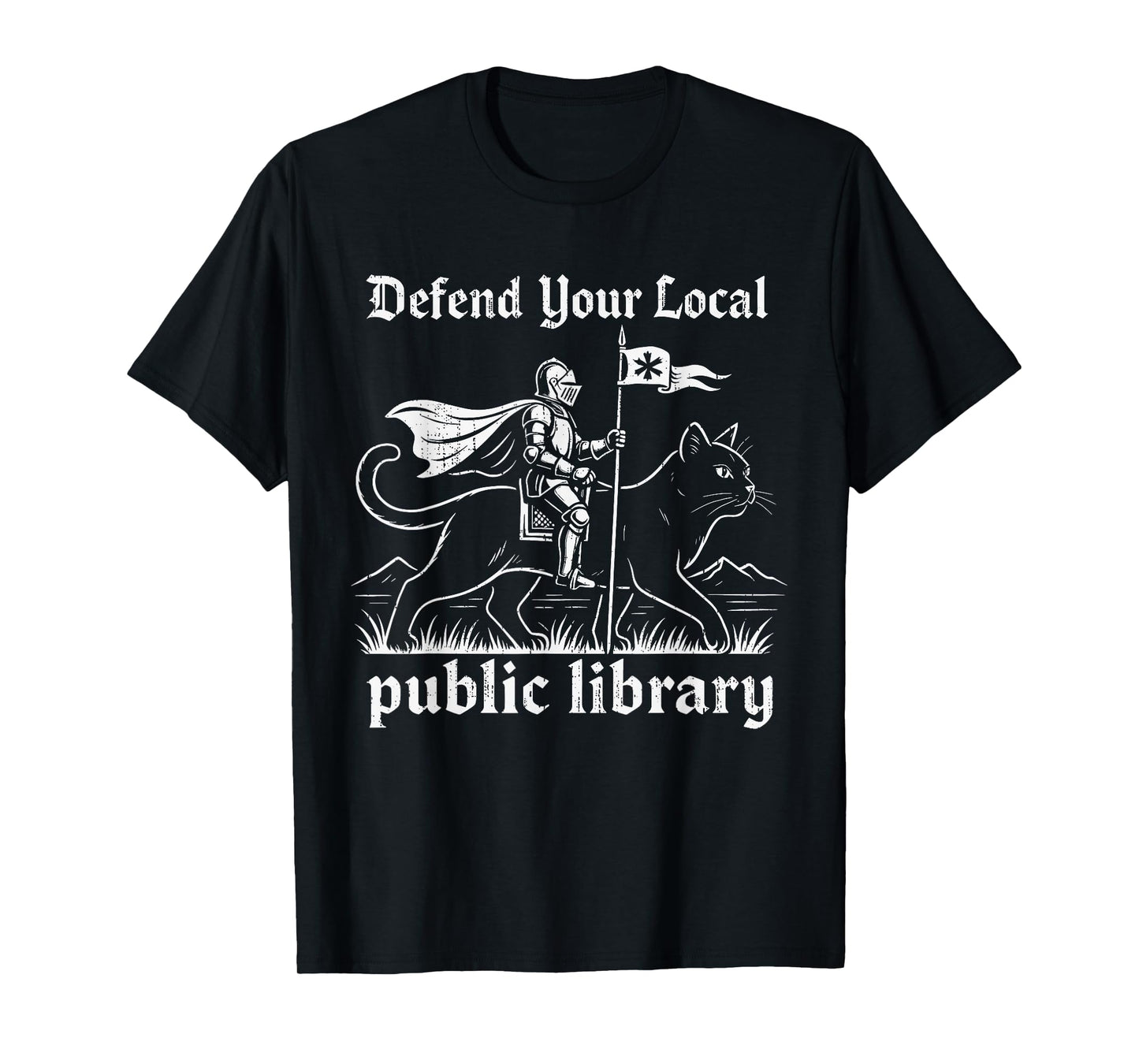 Funny Defend Your Local Public Library Fantasy Knight Cat T-Shirt