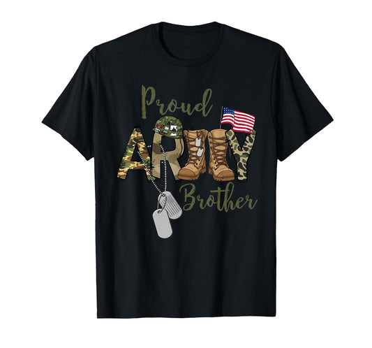 Proud Army Brother Military Brother with Dog Tag US Flag T-Shirt