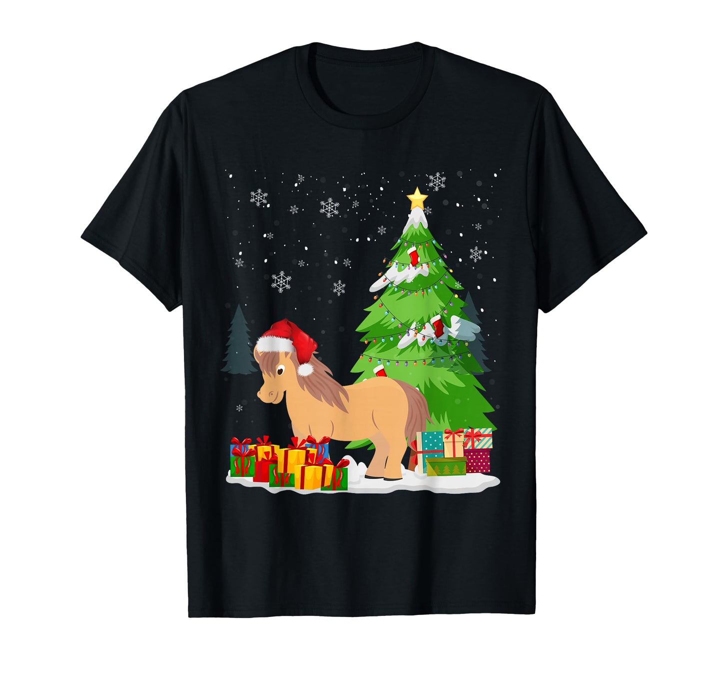 Funny Christmas Miniature Horse Santa Hat Matching Family T-Shirt