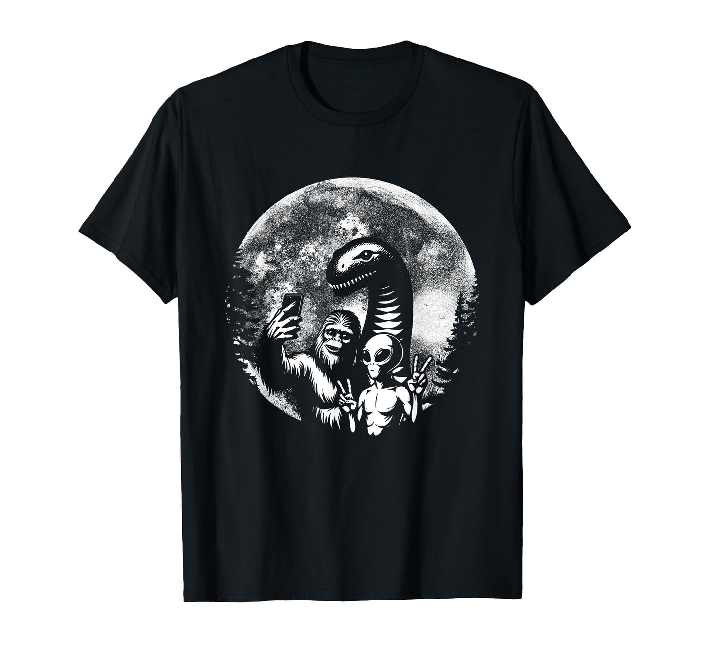 Funny Bigfoot Sasquatch Alien Loch Ness Full Moon Selfie T-Shirt