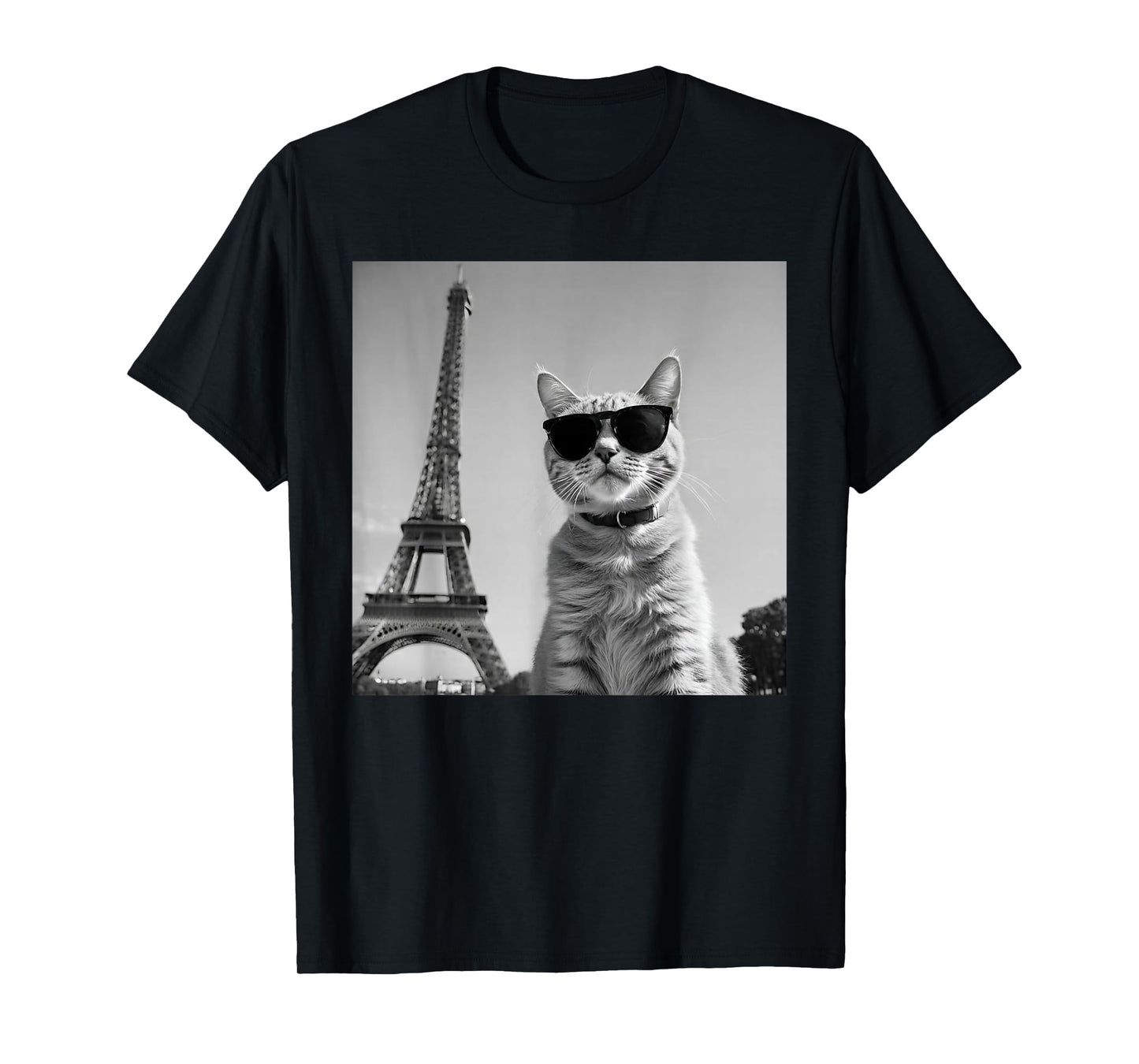 Funny French Cat Wearing Sunglasses And Paris Eiffel Tower T-Shirt