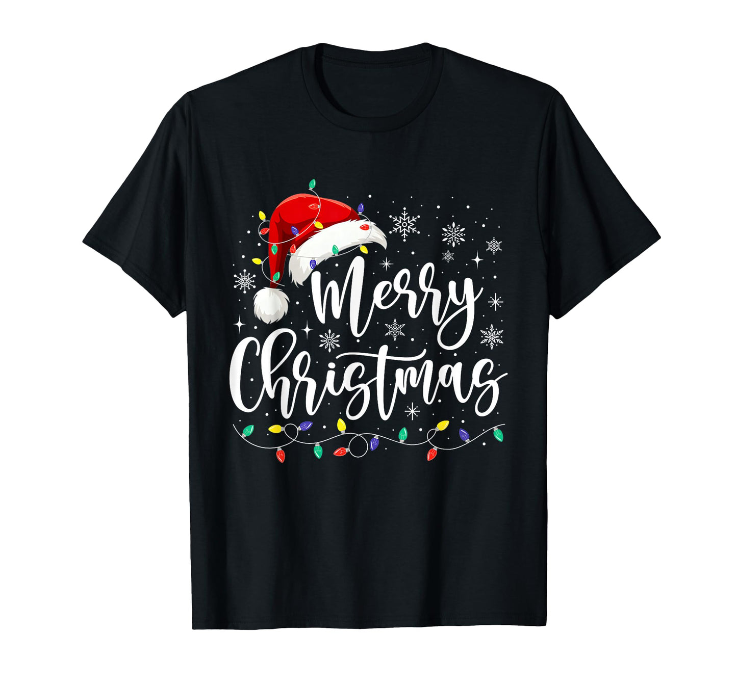 Merry Christmas Lights Red Santa Hat Xmas Family Men Women T-Shirt