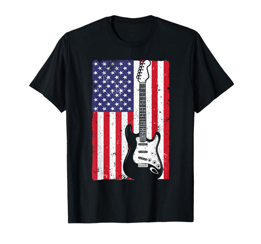 Cool American Flag Guitar For Men Women Guitarist Music Rock T-Shirt