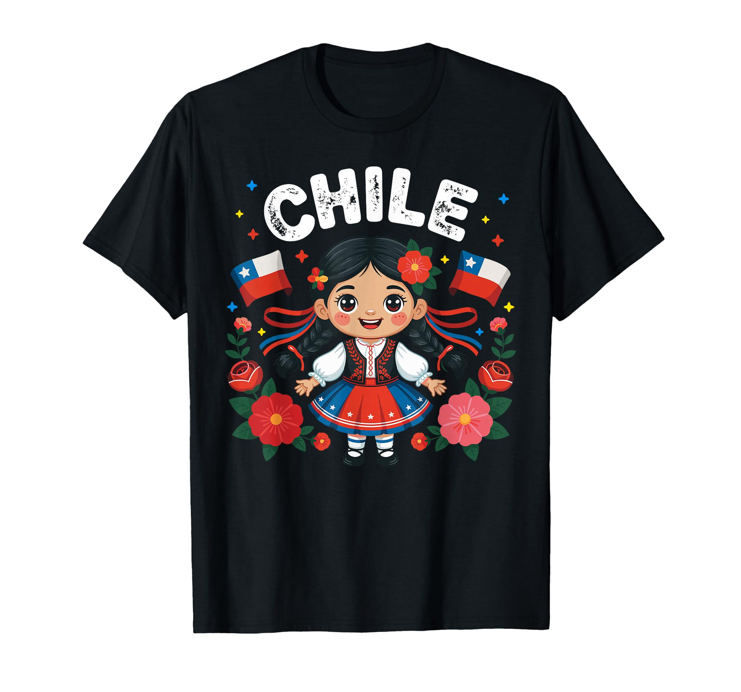 Chile Girl Traditional Dress with Flags and Flowers for Kids T-Shirt