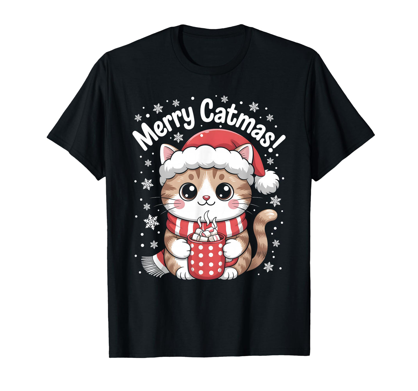 Christmas Outfit Kawaii Cat Santa Hat Hot Cocoa Merry Catmas T-Shirt