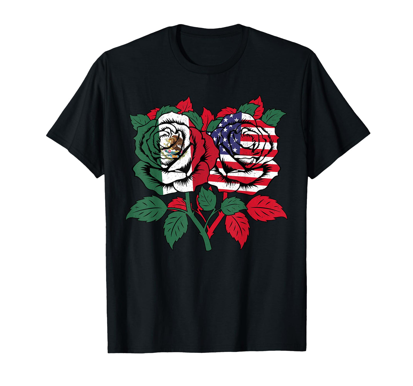 Mexico USA Flag Mexican Flag American Flag Rose Flower T-Shirt