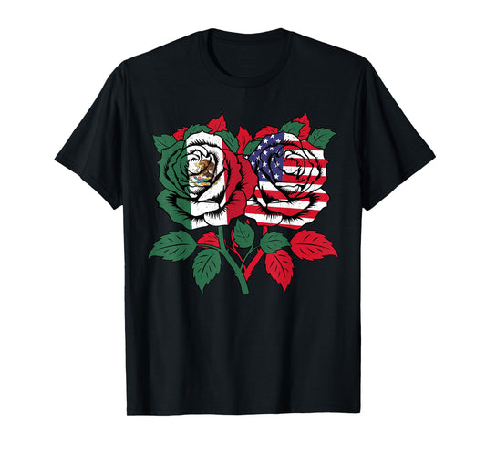 Mexico USA Flag Mexican Flag American Flag Rose Flower T-Shirt
