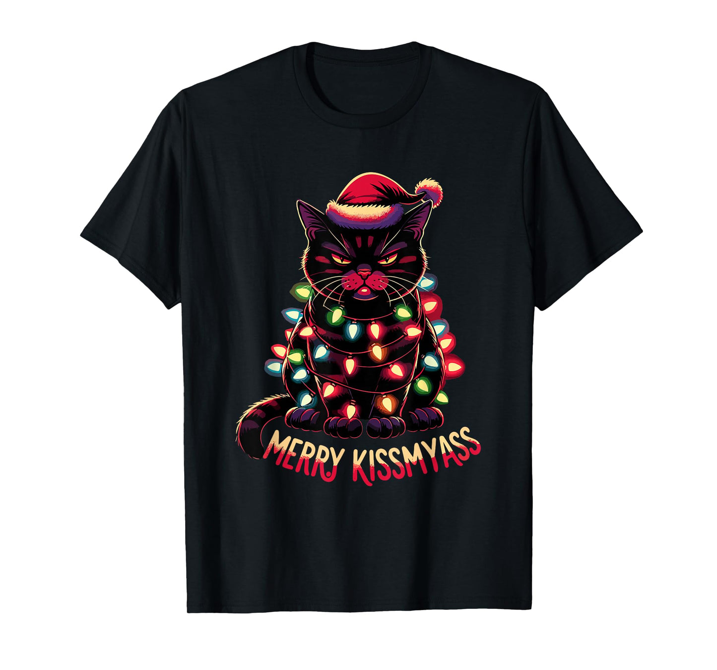 Merry Kissmyass Funny Black Cat Christmas Lights Santa Hat T-Shirt