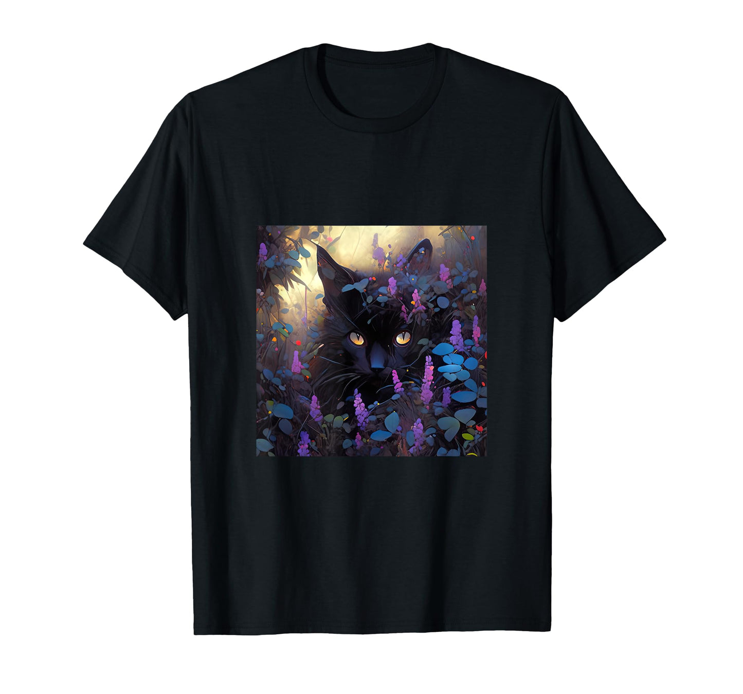 Black Adorable Cat Purple Spring Flowers T-Shirt for Men Women