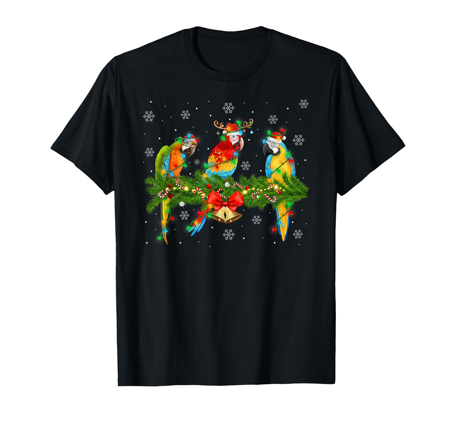 Colorful Macaw Parrots Christmas Lights Tropical Bird Xmas T-Shirt