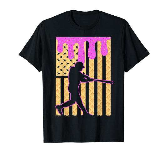 Baseball Drip Boys Dripping Ice Cream Baseball American Flag T-Shirt