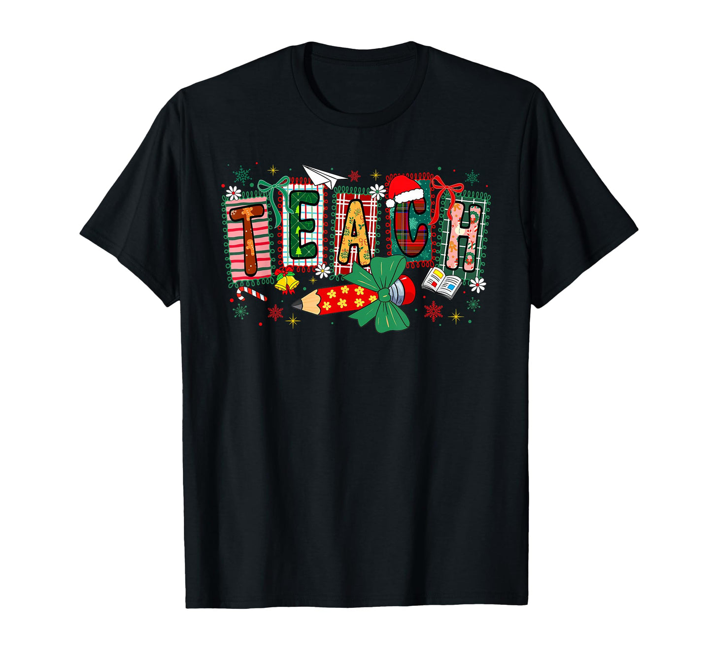 Preppy Teach Merry Christmas Pencil Coquette Bow Teacher T-Shirt