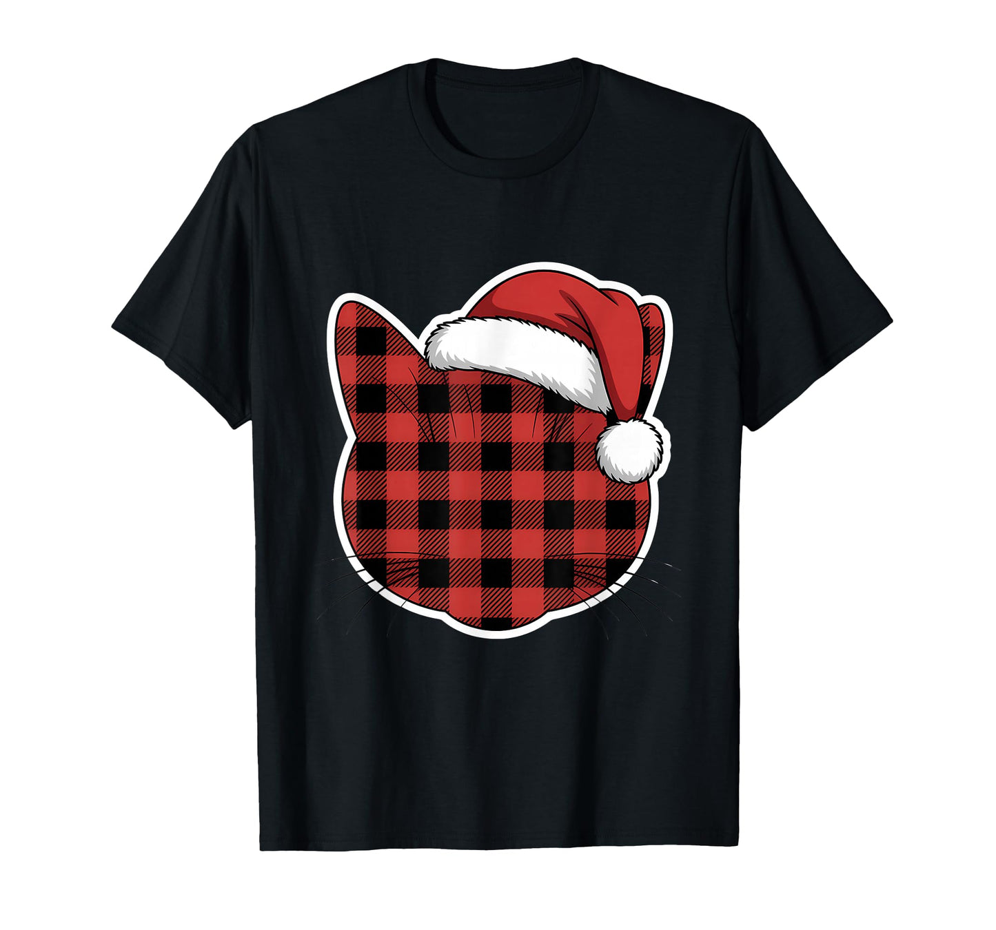 Cute Red and Black Buffalo Plaid Cat Christmas Santa Hat T-Shirt