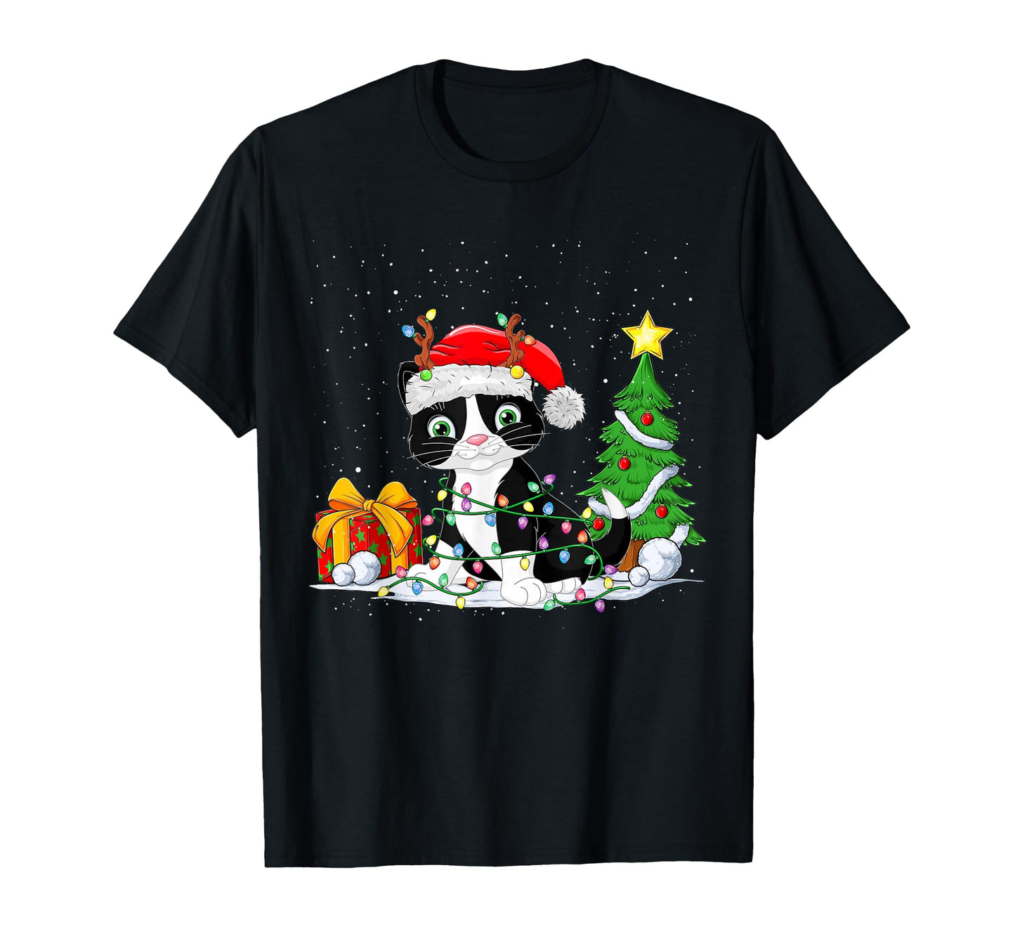 Cute Tuxedo Cat Santa Christmas Tree Lights Xmas Tuxedo Cat T-Shirt
