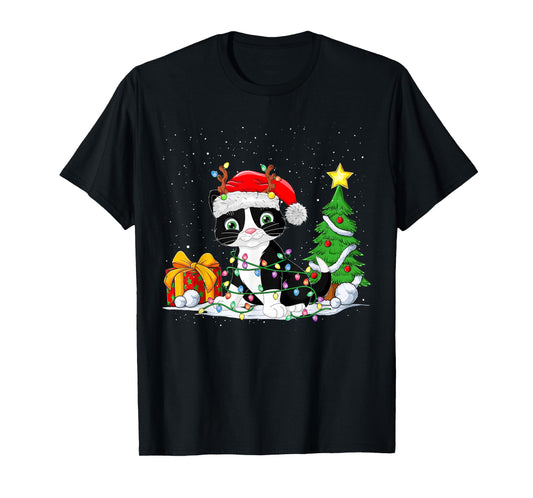 Cute Tuxedo Cat Santa Christmas Tree Lights Xmas Tuxedo Cat T-Shirt