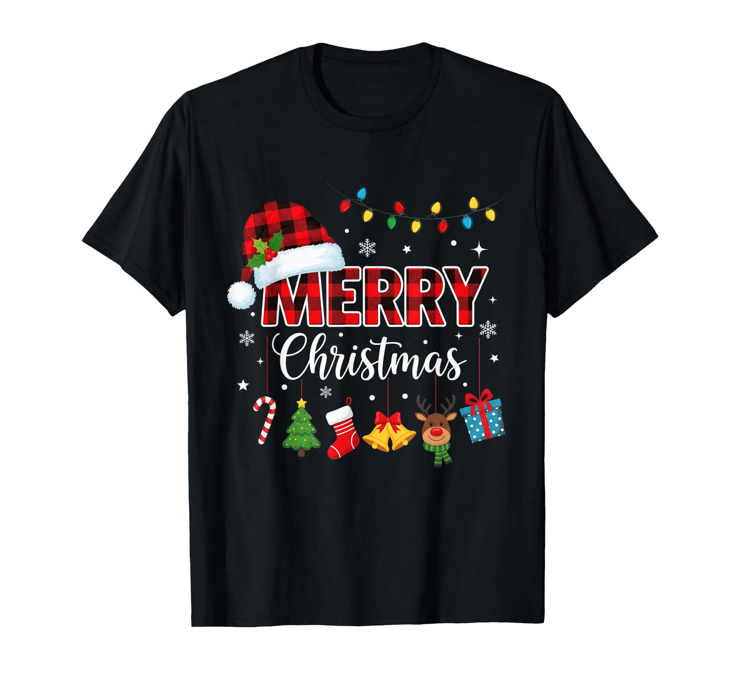 Merry Christmas Lights Red Santa Hat Xmas Family Mens Womens T-Shirt